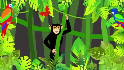 Wall Mural - Jungle scene animation monkey giraffe parrot cartoon