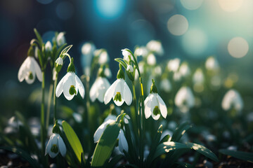 Beautiful snowdrop flowers on bokeh background. Spring landscape.