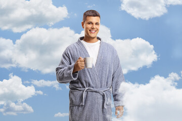 Sticker - Young man in a bathrobe holding a cup