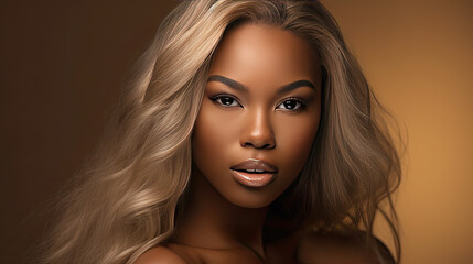 Wall Mural - Beautiful African American woman with dyed and straight hair. Beauty of afro black girl with bob smooth hairstyle and toning. Keratin straightening. Treatment, care and spa procedures.