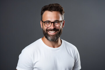 Wall Mural - Portrait of a smiling man with glasses in a gray background