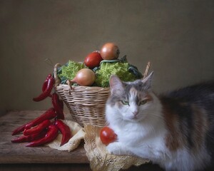 Wall Mural - Pretty kitty and basket of vegetables