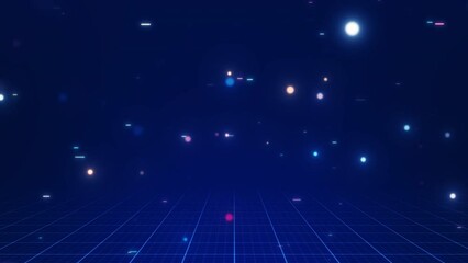 Leinwandbilder - Abstract cyber digital technology concept. Grid below lines and glittering particles on a dark blue background.