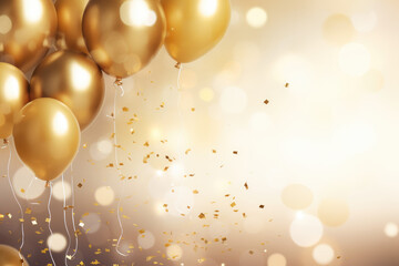 festive background with gold balloons flying in the air with bokeh lights