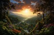 A painting depicting the beautiful view of the sun rising amidst the greenery of a forest. Generative AI