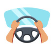 Hands on the Steering Wheel of a Car and Windshield in Front. Vector Illustration in Flat Design Style
