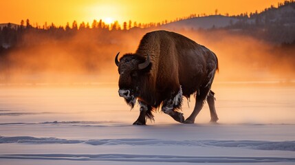 Sticker -  a bison is walking through the snow at sunset or dawn.  generative ai