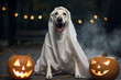 Generative AI portrait picture of halloween decorations with pretty dog pet in theme party ghost costume