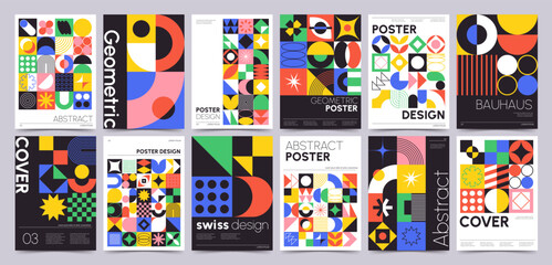 Leinwandbilder - Retro bauhaus posters with geometric shapes and forms, modern swiss style print. Minimalist poster with abstract graphic elements and basic figures, modernism aesthetic cover design vector set