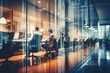 Business office with people with blurred bokeh background, with glass partitions. Generative AI.