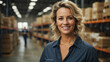 © anandart - Smiling portrait of happy young female worker or manager working in warehouse, space for text