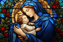 Culture And Religion Concept. Holy Mary Holding Baby Jesus Christ. Colorful Stained Glass Window Illustration In Minimalist Style. Generative AI
