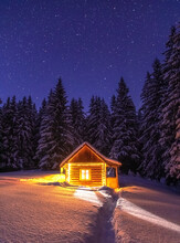 Winter Landscape. A Shoe Trodden Path Leads To A Wooden Hut On A Meadow Covered With Snow. New Year's Lanterns Illuminate The House In The Evening. Yellow Garlands. Mystical Night. Forests