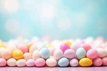 Colorful Easter Eggs And Flowers On Grey Background. Top View With Copy Space