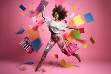 african american woman on pink background shopping full of black fridey bags. created with ai.