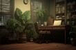 A room with a desk, chair, and a plant on the wall, also a green plant in the corner. Generative AI