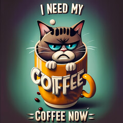 Wall Mural - I Need My Coffee Now - A Cat In A Coffee Cup