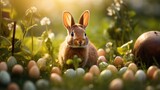 Fototapeta Panele - A bunny is lying in a lush meadow surrounded by green grass, with white eggs scattered around