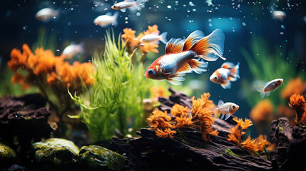 Aquarium fish Guppy swim among algae and stones, corrals and underwater plants in an aquarium