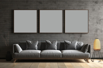 Wall Mural - Part of interior mockup, sofa near wall, empty picture frames, light and shadow from window