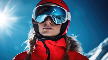 Sticker - Portrait of a female skier in helmet and winter clothes on the background of snow-covered mountain slope