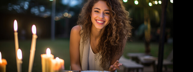 Canvas Print - Smiling woman sits at a table during an outdoor evening party in a home's backyard