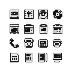 Wall Mural - Retro devices pixel art icon old set school 80s flat style, radio, CD player, TV, radio, handset, tablet, speaker. Game assets 1-bit sprite, sticker, mobile app and logo. Isolated vector illustration.