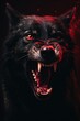 angry growling evil looking black werewolf, wolf, lycan, lycanthrope. folkloric fantasy creature. glowing red eyes. sharp teeth, fangs, canine. 