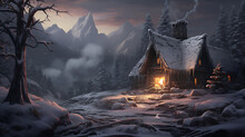 A Cozy Cabin Nestled In The Woods, Smoke Curling From Its Chimney Into The Cold Winter Air, Surrounded By Untouched Snowdrifts And The Promise Of A Warm Hearth Inside
