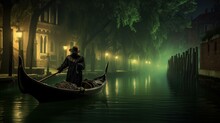 Venetian Gondolier Punting Gondola Through Green Canal