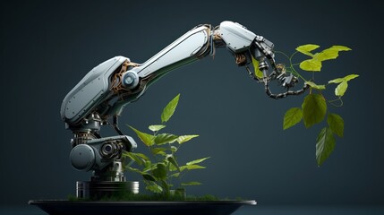 Wall Mural - Robot hand future concept technology food science apple flower green industry arm isolated 3d plant artificial fruit. Future tech robot hand hold nature biology synthetic. AI Generative illustration