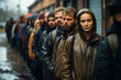 A group of people queuing for limited job opportunities, illustrating the competitive nature of the job market in poverty-stricken areas. Concept of unemployment. Generative Ai.