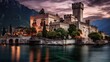 Most beautiful medieval castles of Italy. Scaligero Castle in Sirmione. Lake Lago di Garda in north, Lombardy