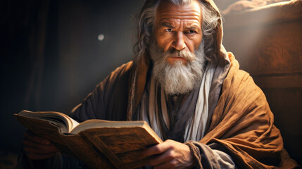 An ancient prophet studying the Holy Scriptures receiving revelation from God Generative AI Illustration