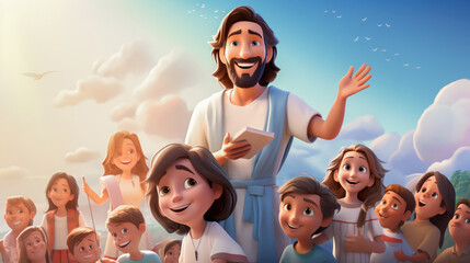 childrens illustration cartoon of jesus christ with many children around him generative ai