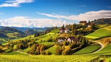 Splendid Vineyards Landscape In South Styria Near Gamlitz. Autumn Scene Of Grape Hills In Popular Travell Destination Eckberg. Location: Gamlitz, District Of Leibnitz In Styria, Austria. Europe.