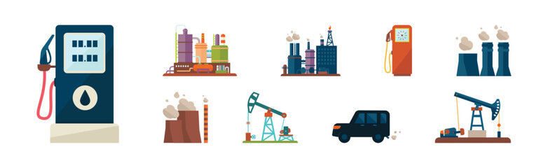 Wall Mural - Oil and Fuel Resources Industrial Production Vector Set