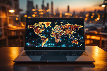 Poster - An open laptop with a world map on the screen, showcasing the power of the internet in accessing information worldwide. Concept of global connectivity. Generative Ai.