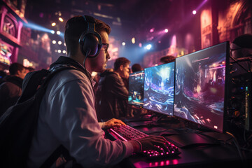 Poster - A video game enthusiast competing in an esports tournament, illustrating the rise of competitive gaming. Generative Ai.