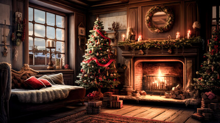 Wall Mural - The cozy living room on Christmas Eve is decorated with a lit fireplace, a festive tree, and warm lighting in the background.