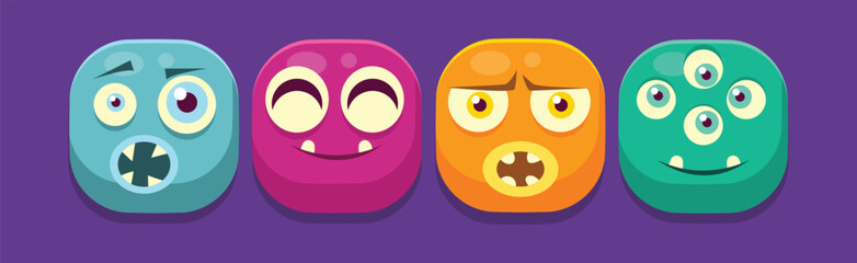 Sticker - Funny Square Face Character with Emotion Icon Vector Set