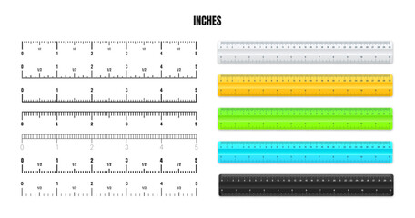 Wall Mural - Realistic plastic rulers with black inch scale for measuring length or height. Various measurement scales with divisions. Ruler, tape measure marks, size indicators. Vector illustration