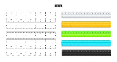 Sticker - Realistic plastic rulers with black inch scale for measuring length or height. Various measurement scales with divisions. Ruler, tape measure marks, size indicators. Vector illustration