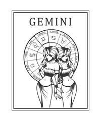 illustration of monochrome card with astrological sign and romantic beauty woman. zodiac symbol art.