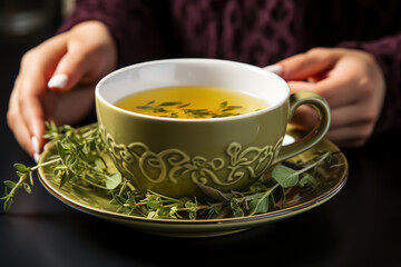 Poster - A person's hand holding a cup of herbal tea, symbolizing the therapeutic benefits of herbal remedies. Generative Ai.