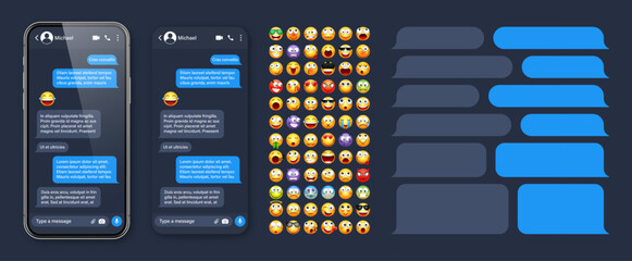 Wall Mural - Smartphone messaging app, user interface with emoji. SMS text frame. Chat screen, blue message bubbles. Texting app for communication. Social media application. Dark mode. Vector illustration