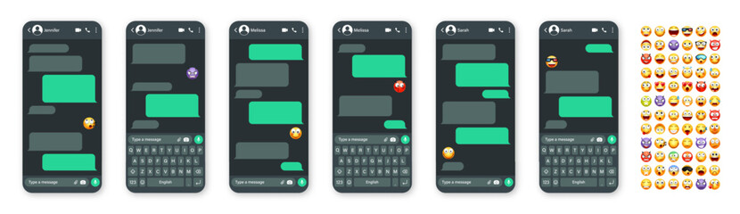 Smartphone messaging app, user interface with emoji. SMS text frame. Chat screen, green message bubbles. Texting app for communication. Social media application. Dark mode. Vector illustration
