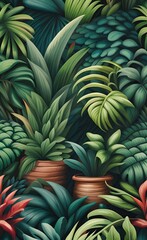  Painted tropical bushes. Seamless horizontal potter. For large format printing, Generative AI