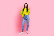 Full Length Photo Of Gorgeous Stinning Saiafied Lady Presenting Empty Space Cool Proposition Isolated On Pink Color Background
