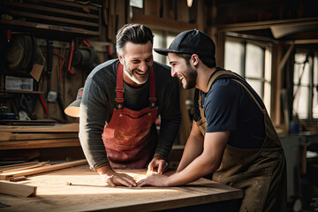 A woodworking workshop featuring a skilled carpenter and his young son working together on a wooden project.